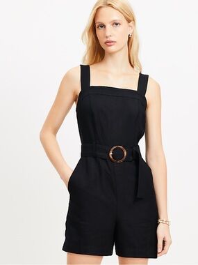 LOFT Black Square-Neck Belted Linen Romper